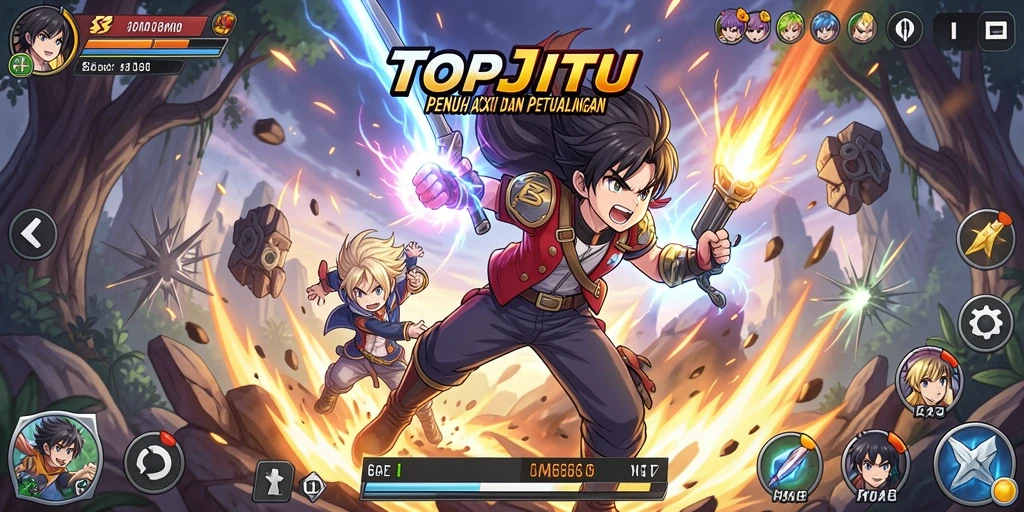 Tampilan epik dari gameplay TOPJITU dengan karakter Anime yang dinamis.